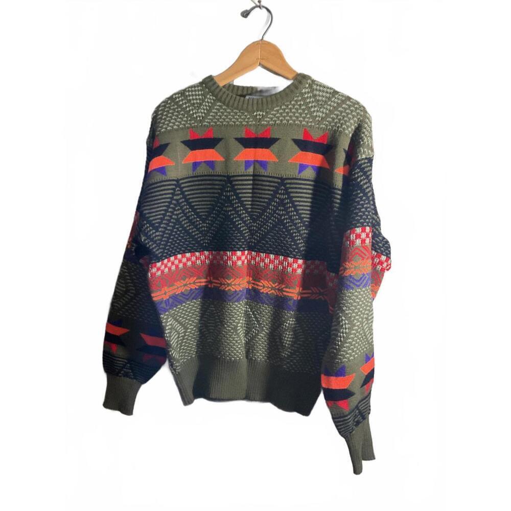 Cozy Vintage Wool Blend Sweater with Colorful Geometric Pattern Large